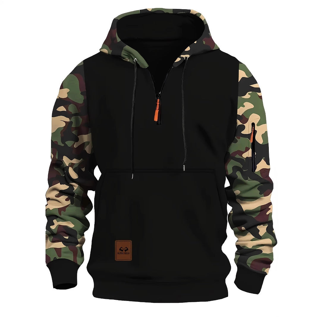 Herren Camouflage Hoodie mit Reißverschluss und Kontrastnähten