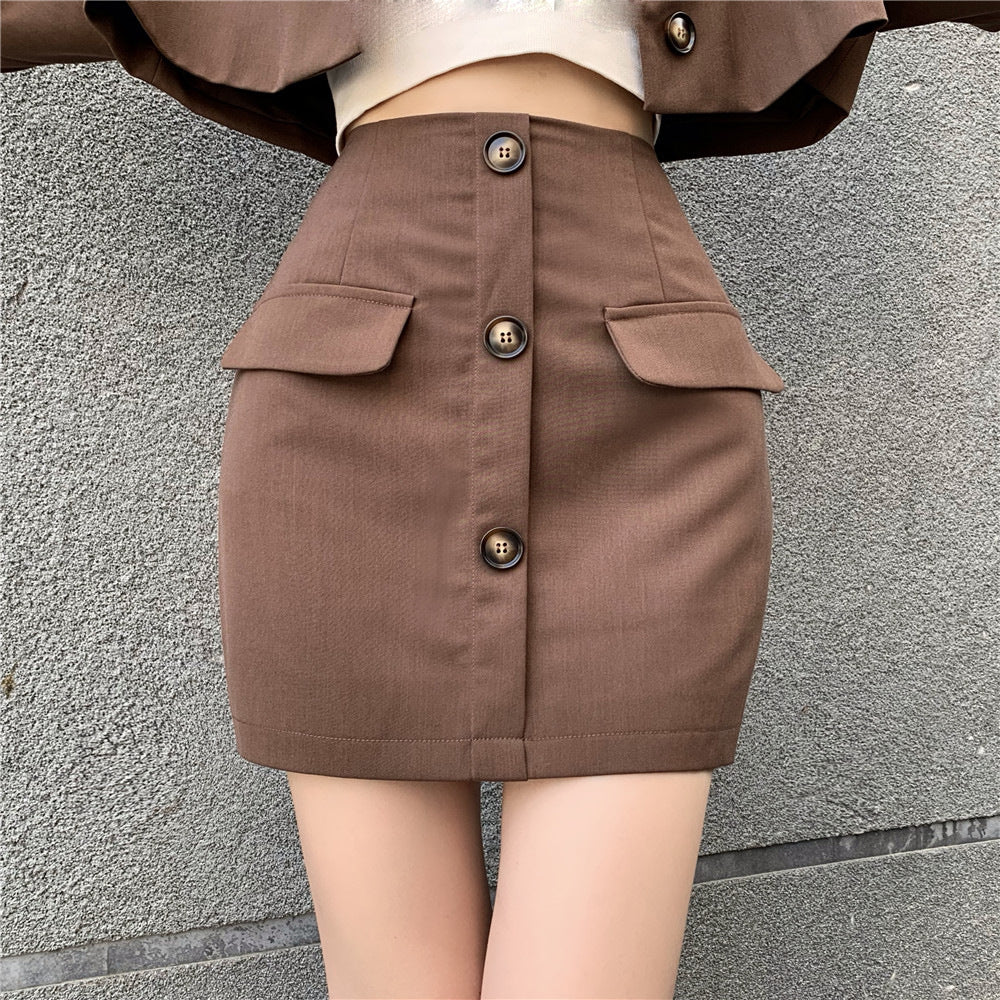 Blazer Hohe Taille A-Linie Rock Kaffee Farbe Hong Kong Stil Anzug Frauen