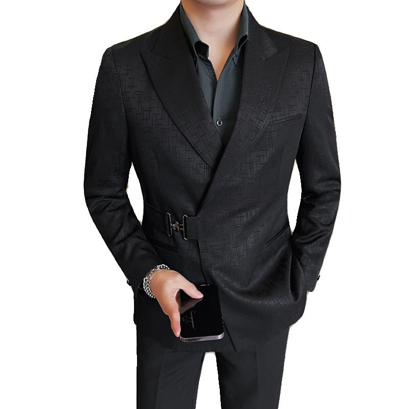 Herren Slim Fit Sakko mit Metallschnalle und Gewehrkragen – Schwarz kariert