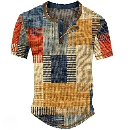 Kurzarm Herren-Henleyshirt mit Farbblock-Print & Waffelstruktur – Jugendlicher Freizeitstil (1+1 Gratis)