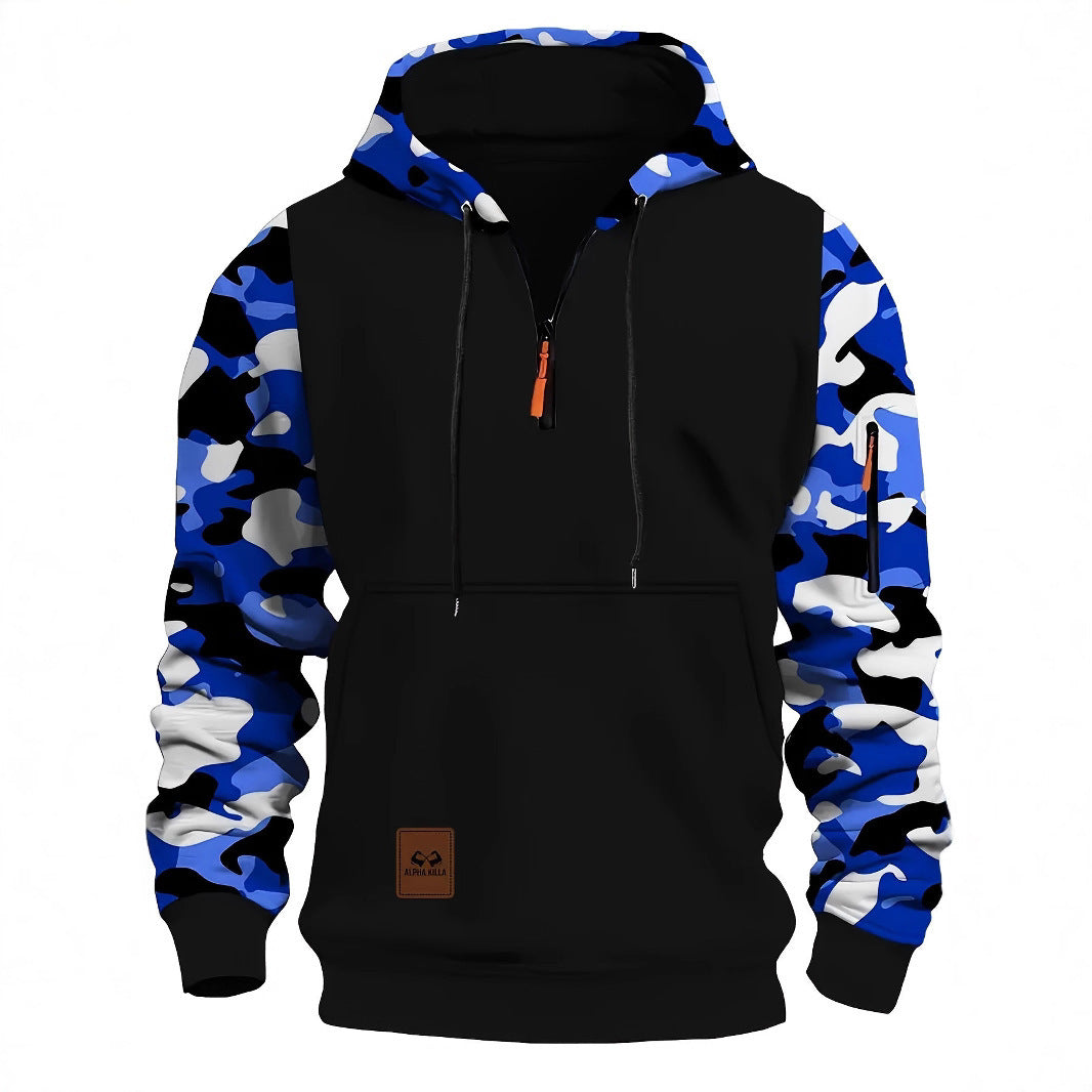 Herren Camouflage Hoodie mit Reißverschluss und Kontrastnähten