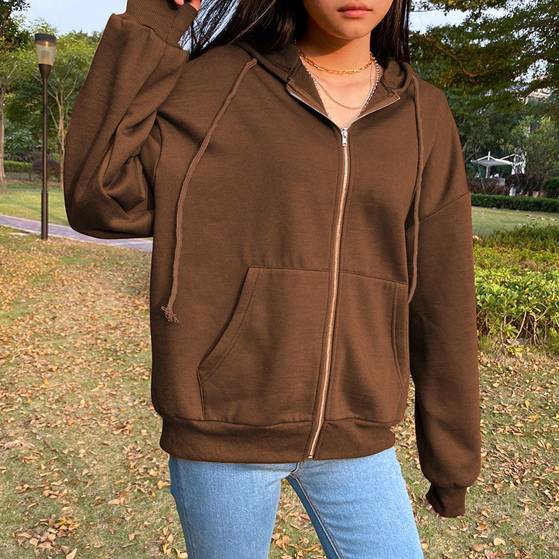 Braune Y2K Ästhetische Hoodies Damen Zip Up Sweatshirt mit Kapuze