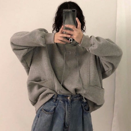 Hoodies Frauen Herbst Winter Neue Koreanische Stil Student Lose Bestickt Einfache Plus Samt Hohe Qualität Weiche Damen Kleidung Chic