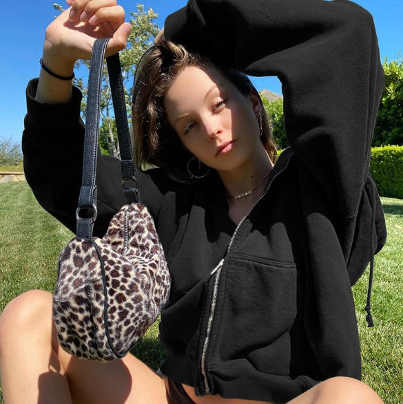 Braune Y2K Ästhetische Hoodies Damen Zip Up Sweatshirt mit Kapuze