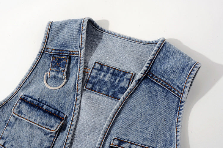 All-Match Fashion Multi-Pocket Denim Weste Damen Kurze Weste