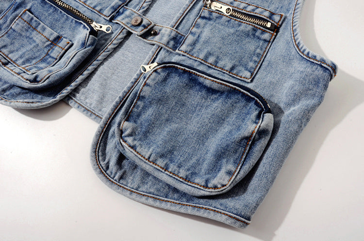 All-Match Fashion Multi-Pocket Denim Weste Damen Kurze Weste