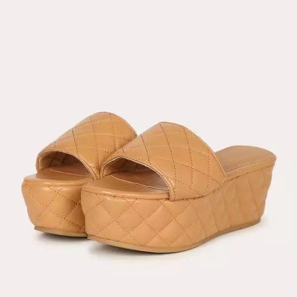 Solide Plaid Plattform Sandalen Frauen Schuhe Heißer Dicke Sohle Slipper Sommer Herbst Rutschen Plus Größe 43 Zapatillas Mujer Casa