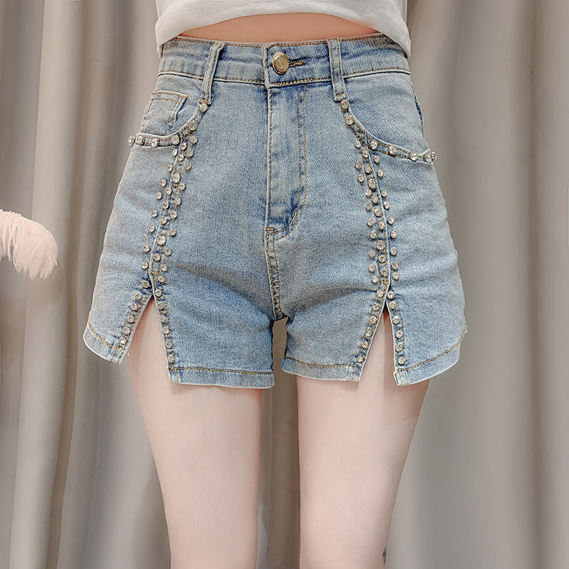 Sommerkleid im neuen Stil, Promi-Schwerindustrie, Nagelperlen-Intarsien, Diamanten, schmale, geteilte Stretch-Jeans für Damen
