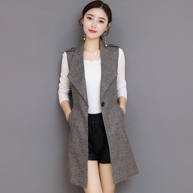 Plaid Lange Blazer Weste Frauen Ärmellose Jacke