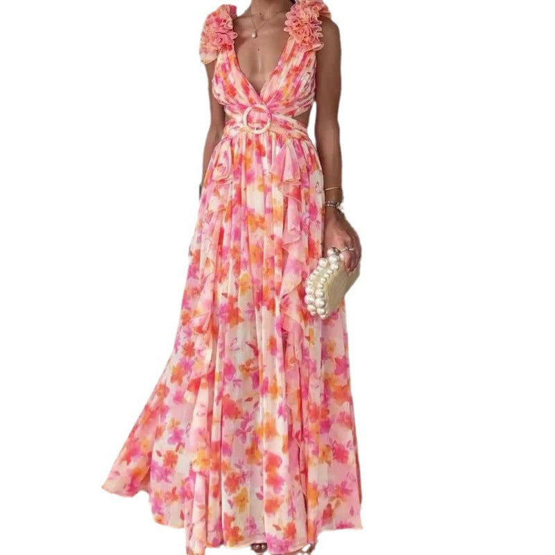Herbst Europäische Und Amerikanische Mode Casual Home Floral Rückenfreies Kleid Frauen