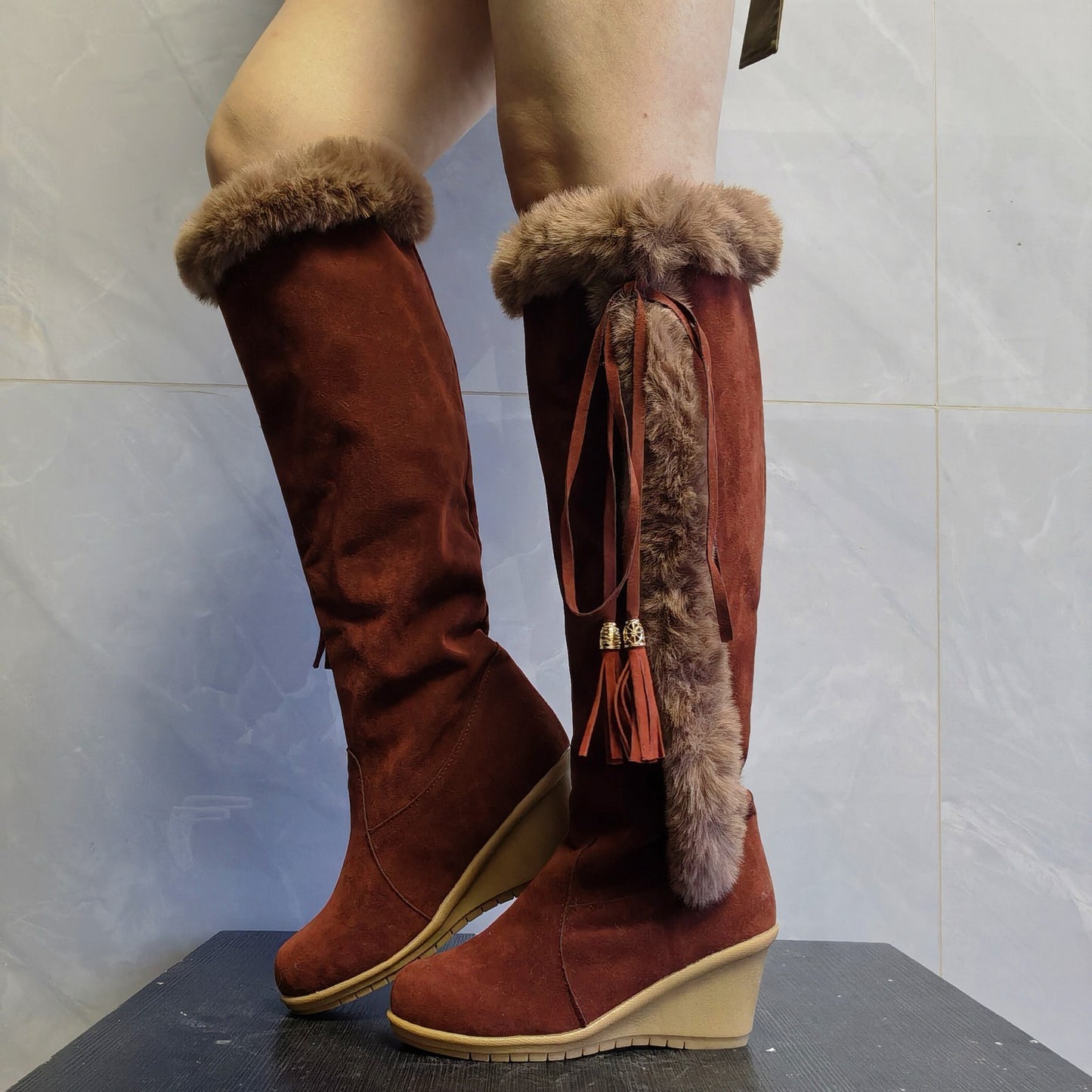 Winter Plüsch Lange Stiefel Für Frauen Kampfstiefel Keile Schuhe