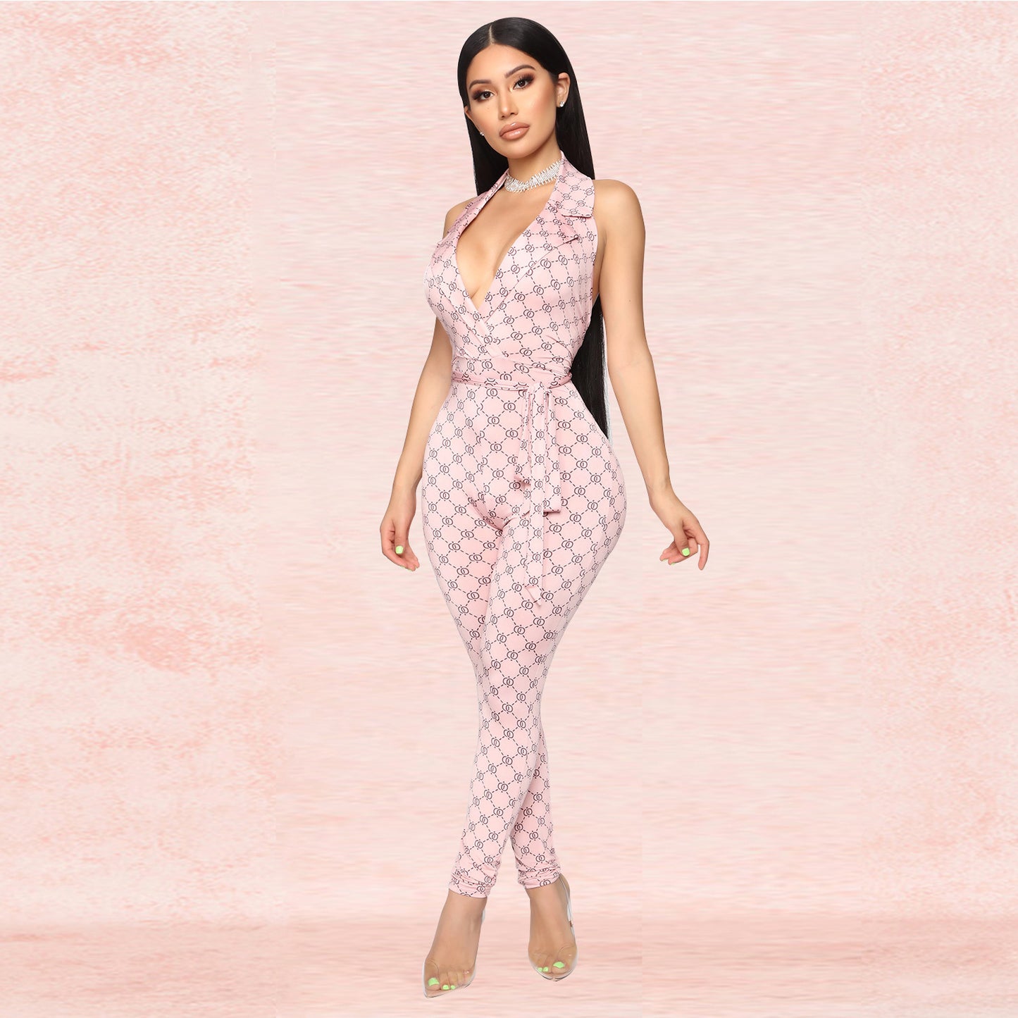 Printed sexy halter jumpsuit women