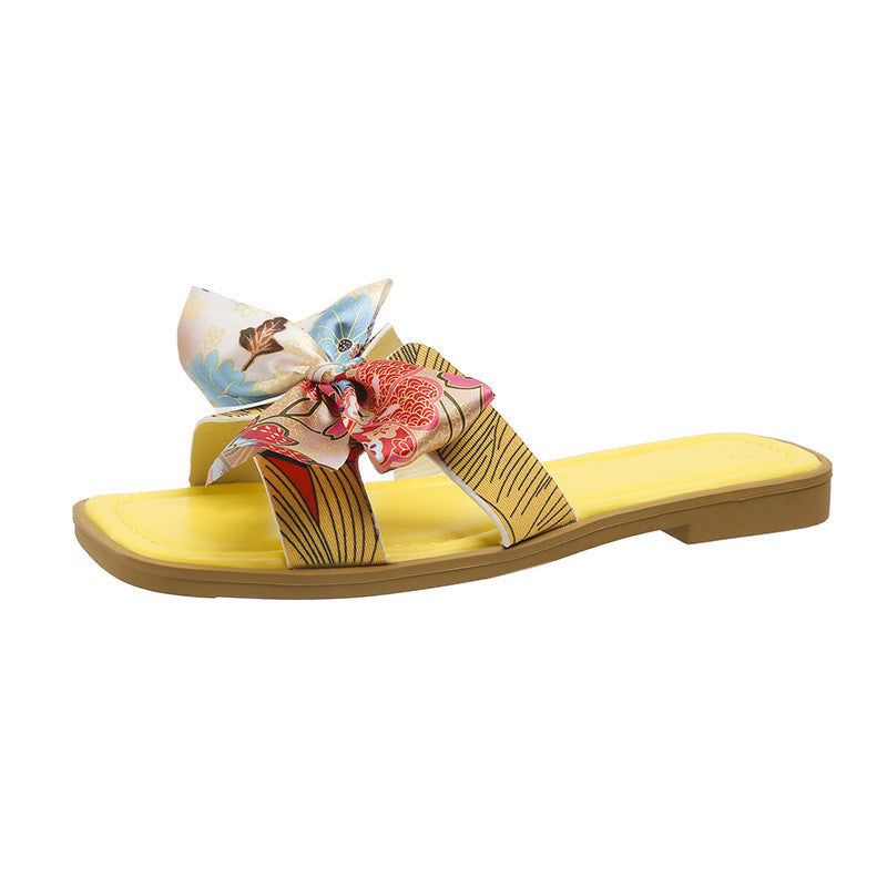 Ribbon Bow Sandalen Sommer Neue Square Toe Low Heel Sandale Für Frauen Slides Fashion Casual Beach Schuhe