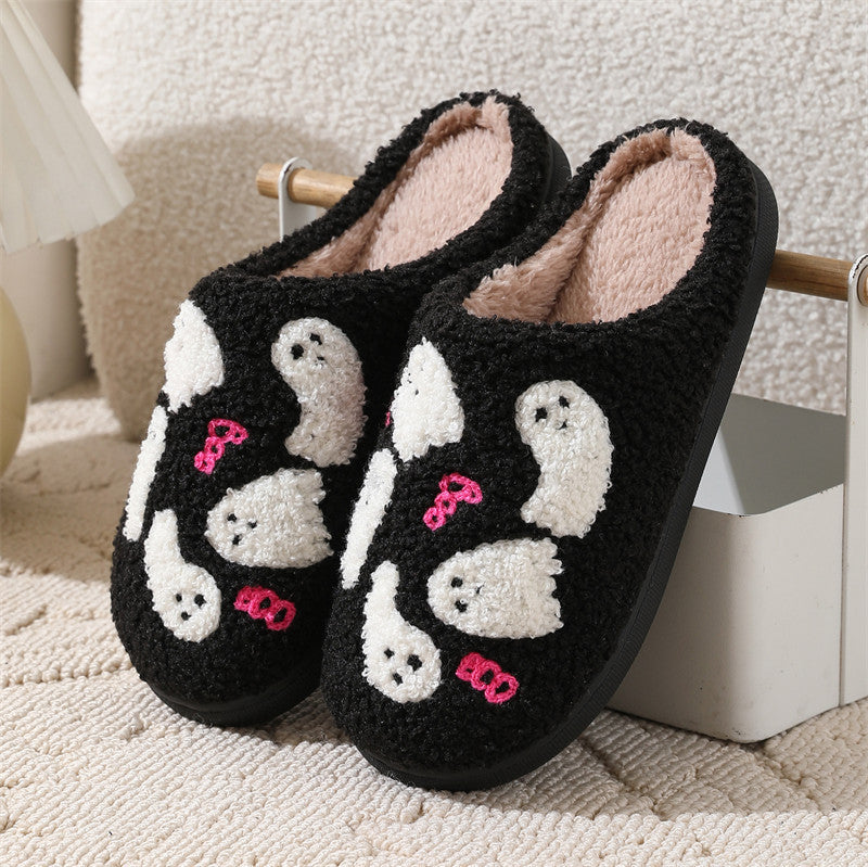 Halloween Cartoon Ghost Baumwoll-Hausschuhe für Damen, rutschfest, für den Innenbereich, Schlafzimmer, Boden, Hausschuhe, Winterschuhe