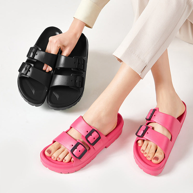 Mode Doppelschnalle Hausschuhe Sommer Plattform Garten Strand Schuhe Casual Non-slip Boden Badezimmer Home Slipper Für Frauen