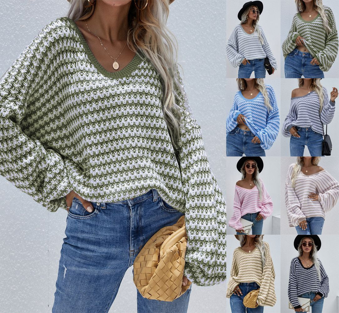 Gestreifter Pullover Pullover mit V-Ausschnitt
