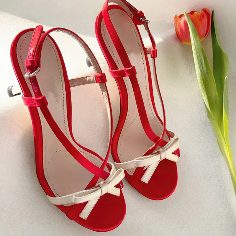 Damen-Sandalen mit offener Zehenpartie und Stiletto-Absatz und Schleife