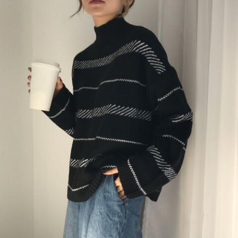 Retro Pullover Rollkragenpullover Streifenpullover