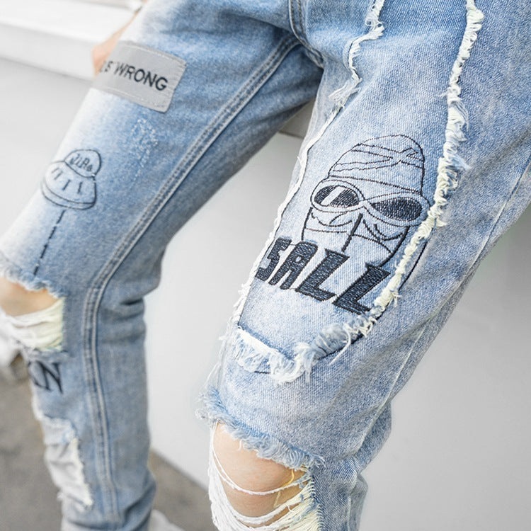 Knieloch Patch Patch Stoff Jeans Männer und Frauen Persönlichkeit Flut Marke hellblau Schlanke Füße lange Hosen