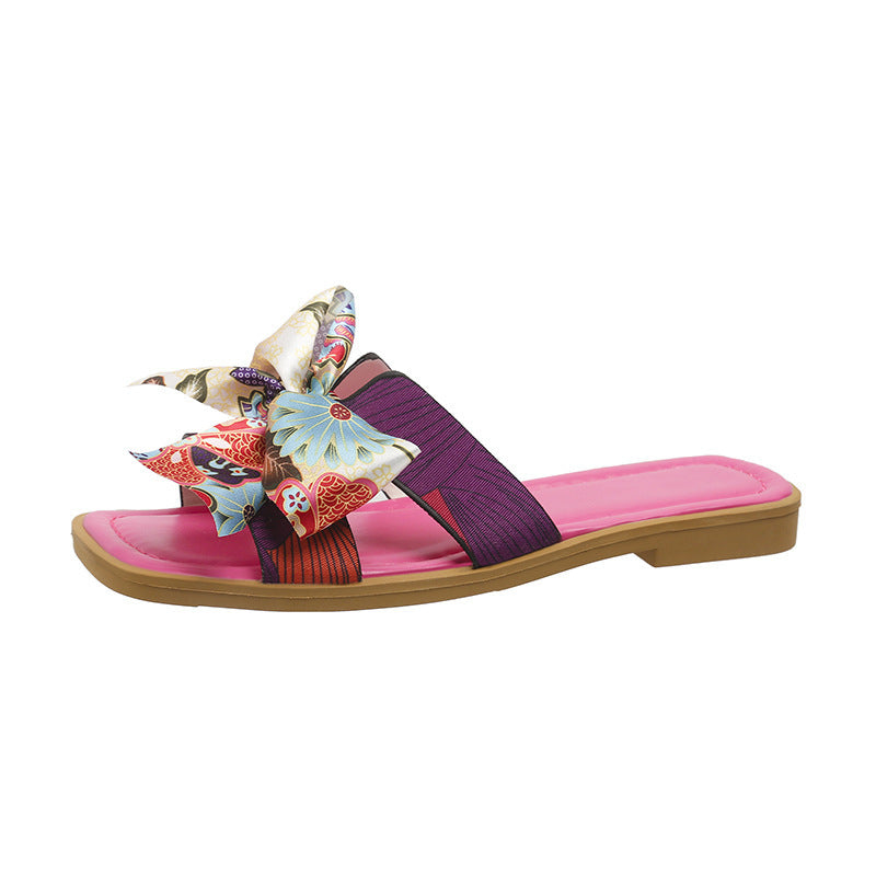 Ribbon Bow Sandalen Sommer Neue Square Toe Low Heel Sandale Für Frauen Slides Fashion Casual Beach Schuhe