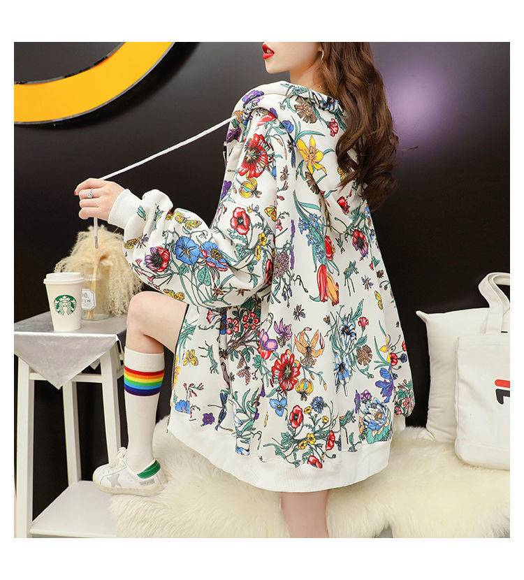 Frauen Plus Samt Dicke Kapuzen Hoodies Casual Lose Blumendruck