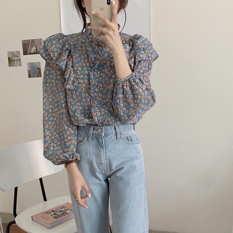 Französische Retro-Bluse mit Blumenmuster für Damen, Holzohr-Shirt für Damen
