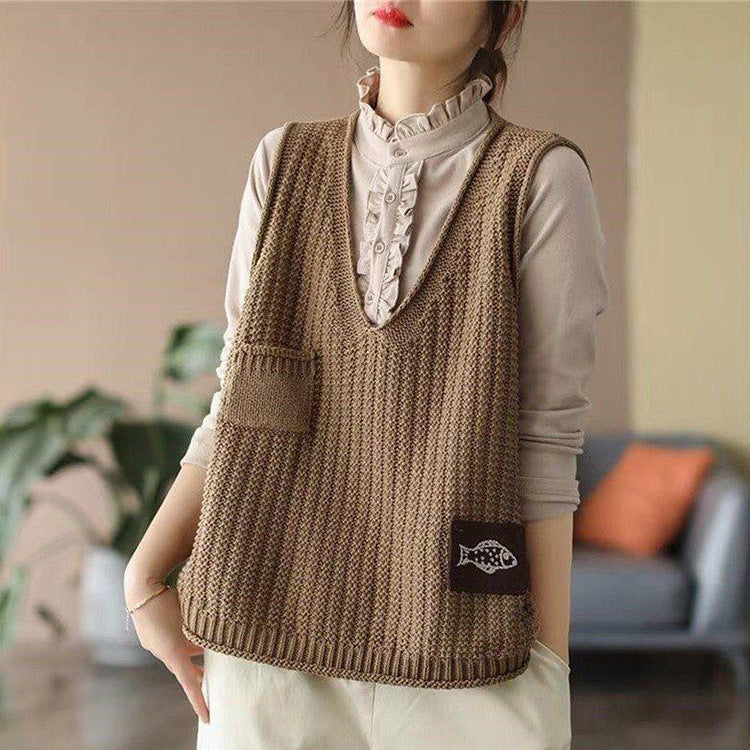 Weste Damen Strickweste Damen V-Ausschnitt Locker