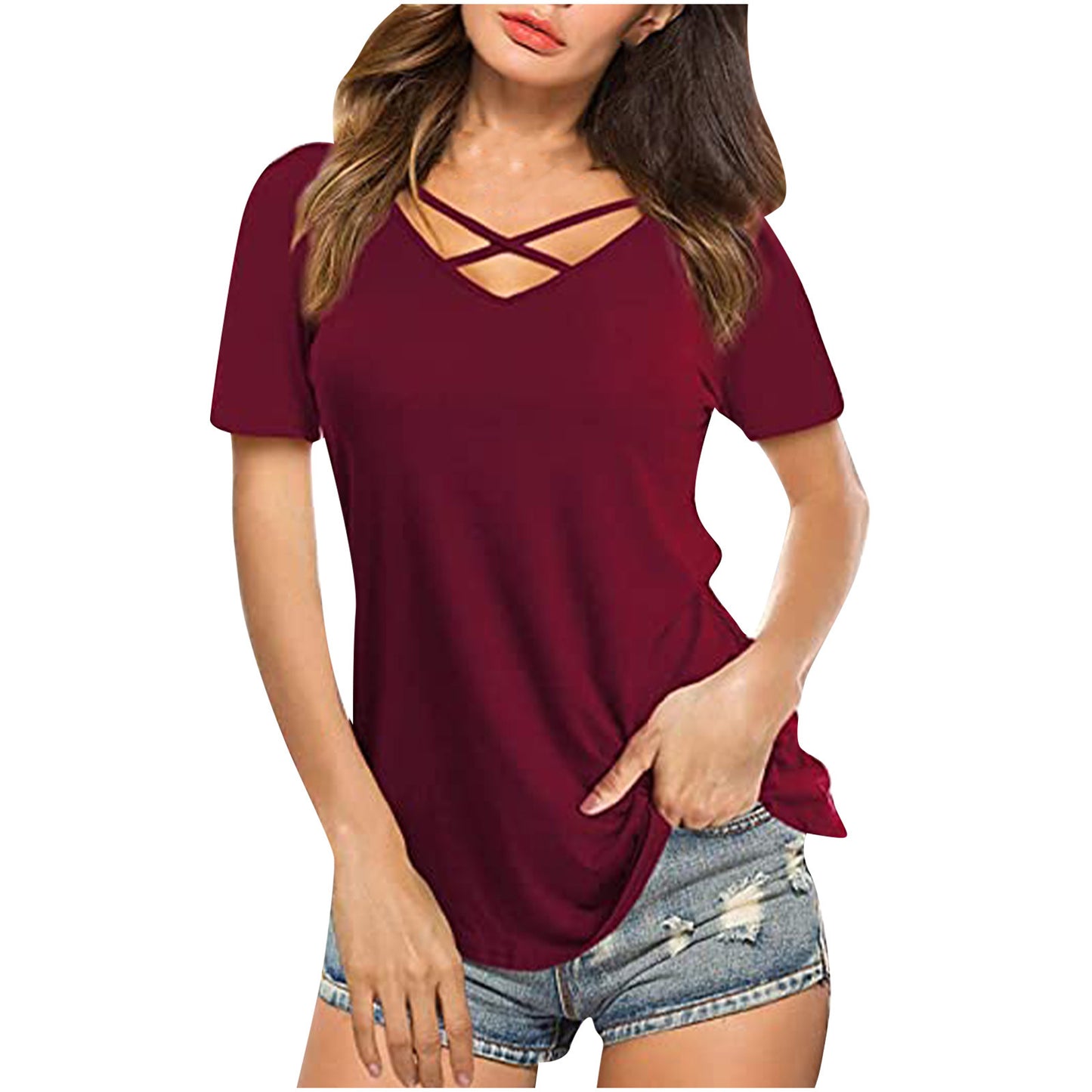 Vorne gekreuzter V-Ausschnitt, kurzärmliges, lockeres T-Shirt für Damen