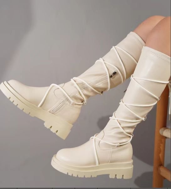 Plateaustiefel mit Schnürung, weiß, lange Cowboystiefel für Damen