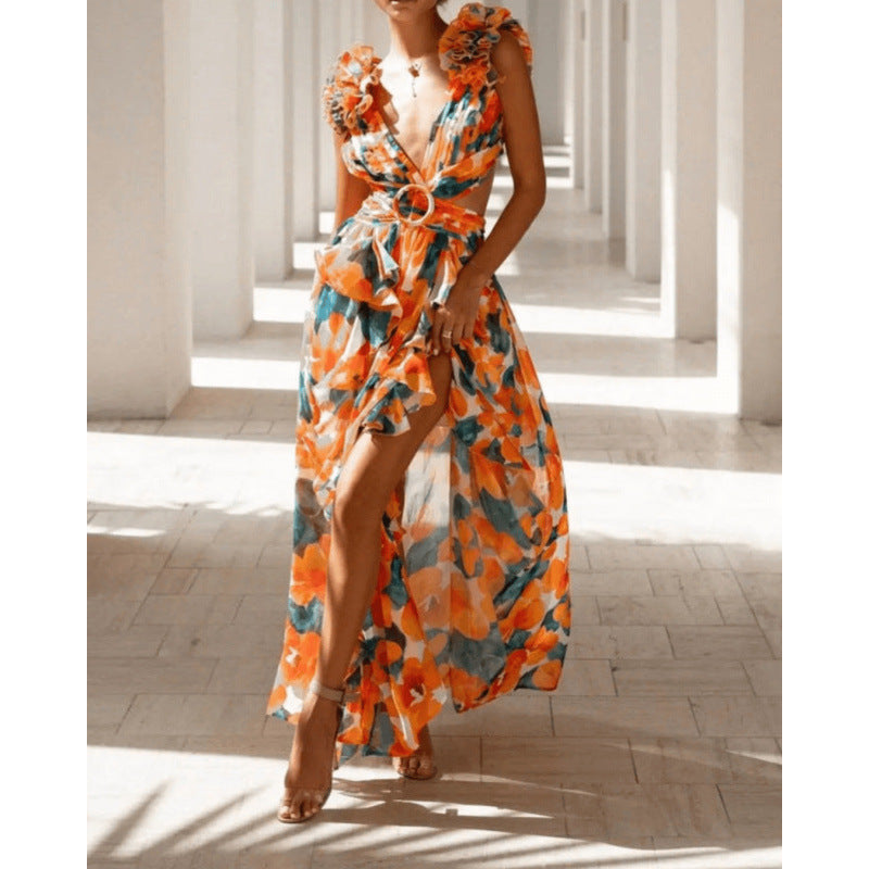 Herbst Europäische Und Amerikanische Mode Casual Home Floral Rückenfreies Kleid Frauen