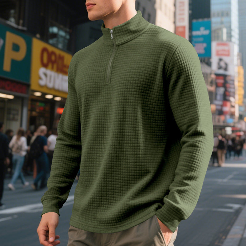 Herren Stehkragen Pullover mit Halbreißverschluss und Karomuster
