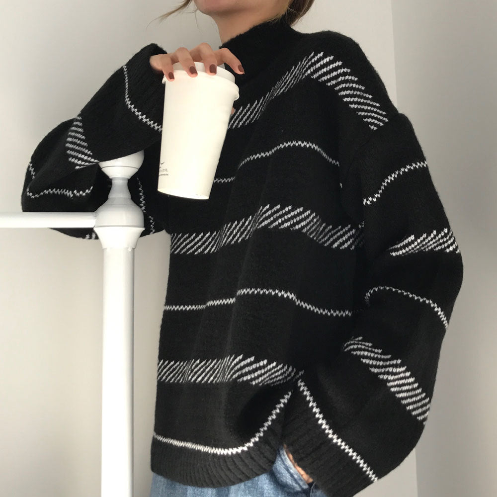 Retro Pullover Rollkragenpullover Streifenpullover