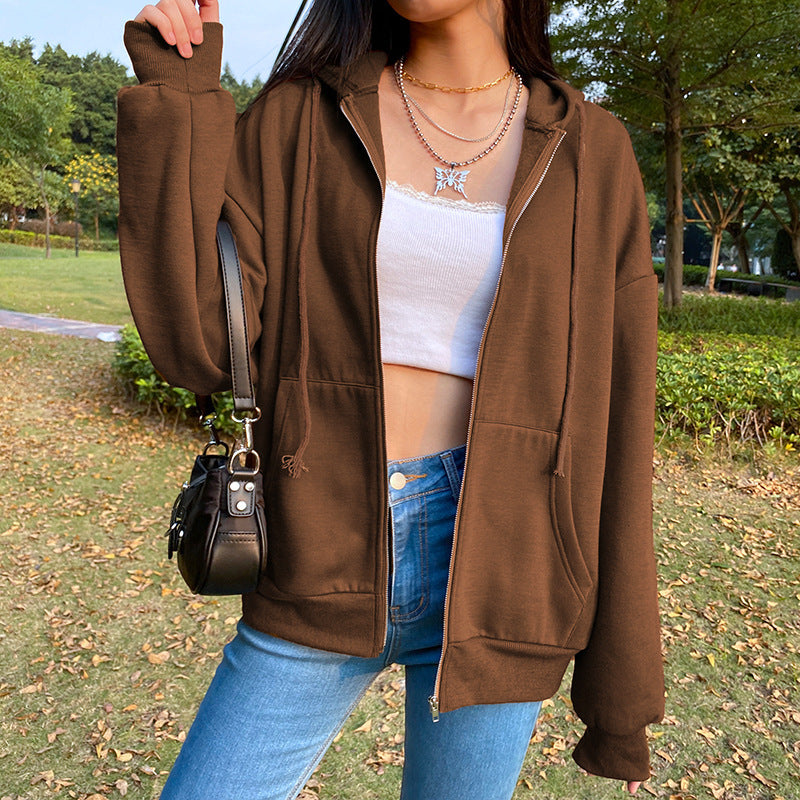 Braune Y2K Ästhetische Hoodies Damen Zip Up Sweatshirt mit Kapuze