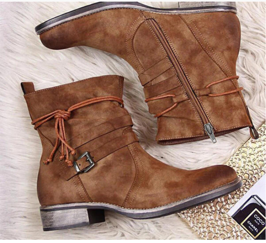 Westernstiefel Damen Schnalle Stiefeletten Seitlicher Reißverschluss Schuhe