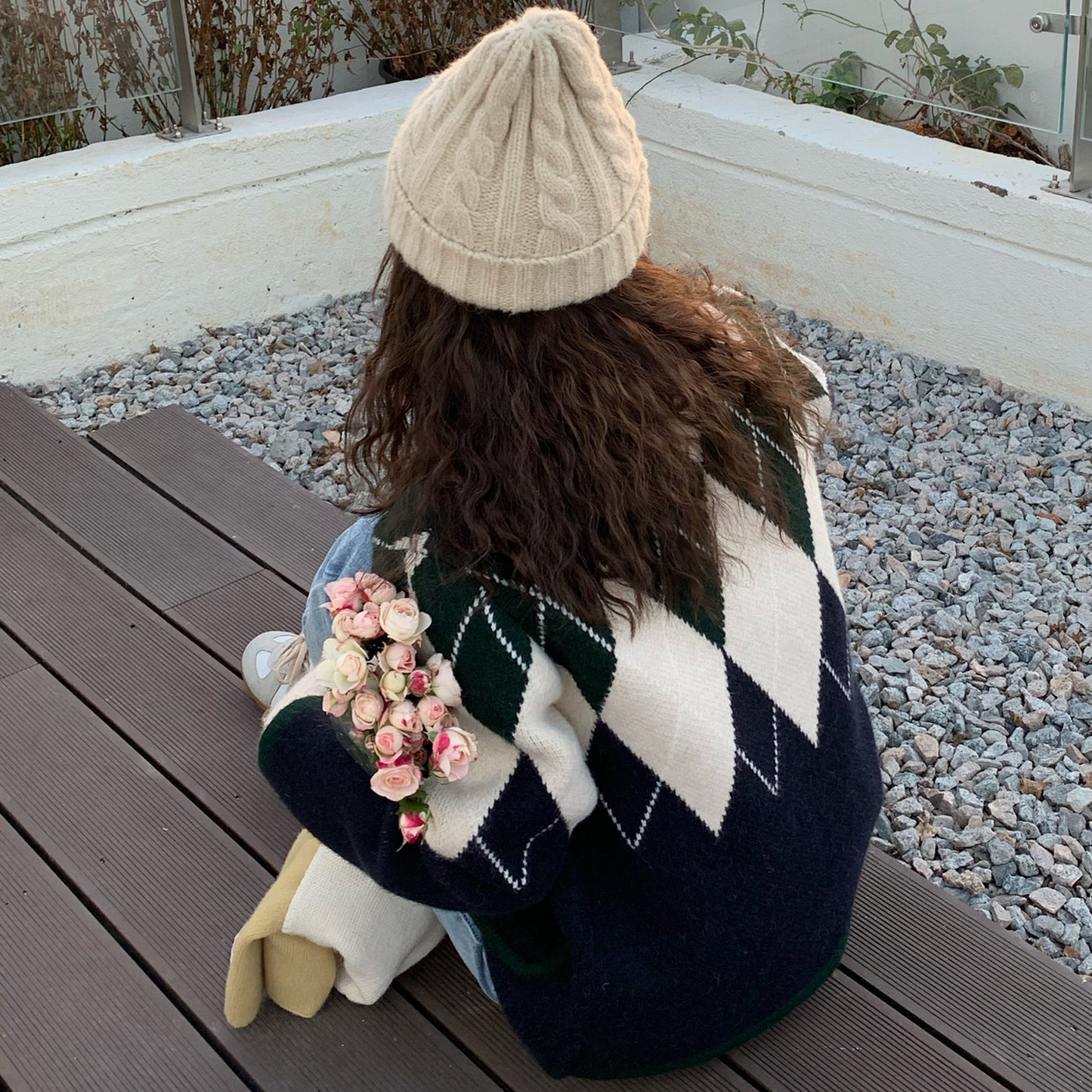 Vintage Rhombus Langarm Strickjacke Damen