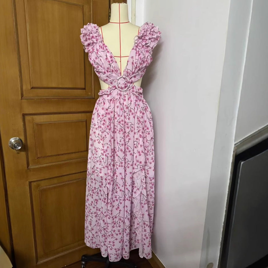 Herbst Europäische Und Amerikanische Mode Casual Home Floral Rückenfreies Kleid Frauen