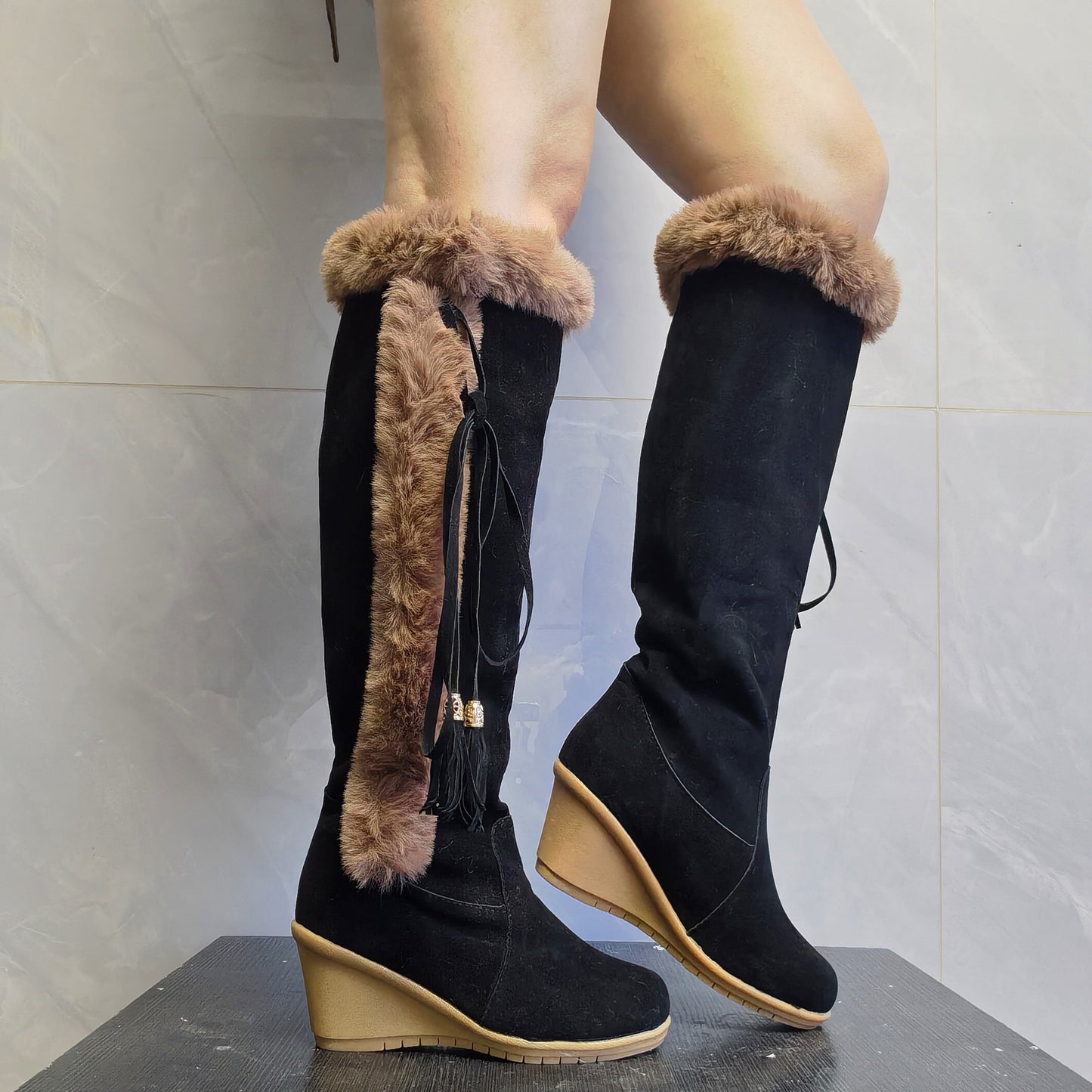 Winter Plüsch Lange Stiefel Für Frauen Kampfstiefel Keile Schuhe