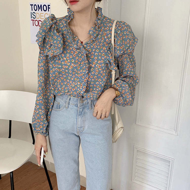 Französische Retro-Bluse mit Blumenmuster für Damen, Holzohr-Shirt für Damen