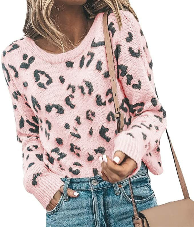 Pullover Sweater Strickpullover Leopardenmuster Pullover Damen