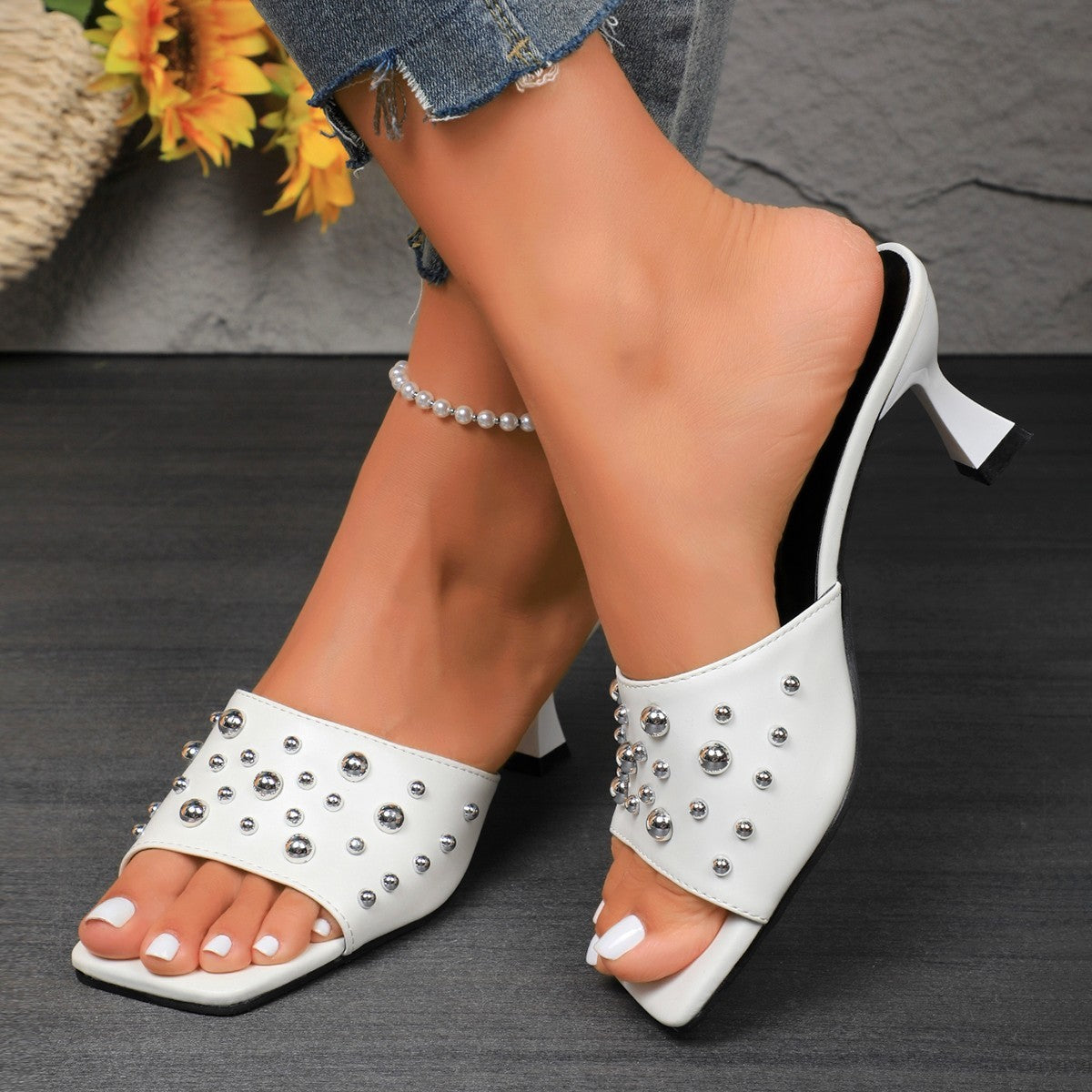 Hausschuhe Plus Size Nieten Offene Zehen Stilettos