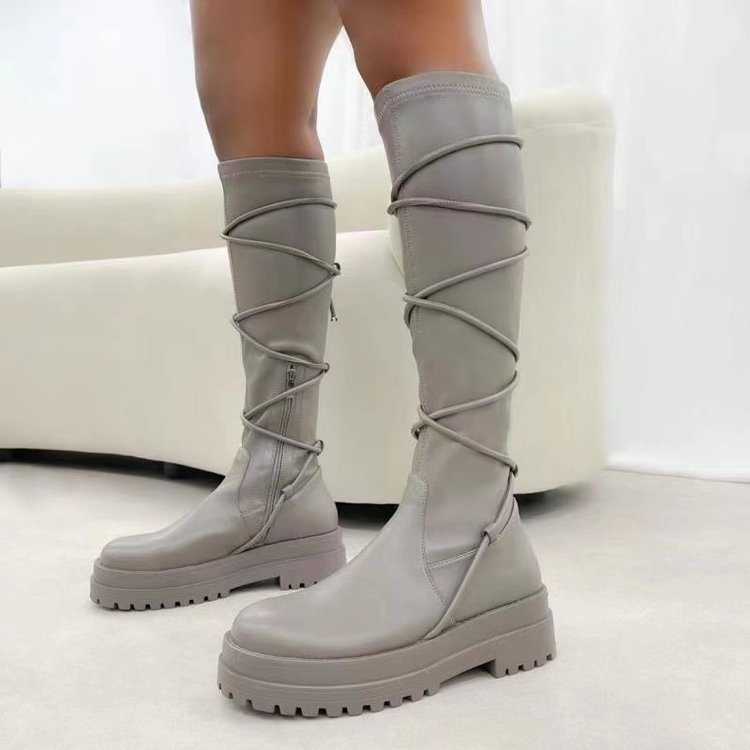 Plateaustiefel mit Schnürung, weiß, lange Cowboystiefel für Damen