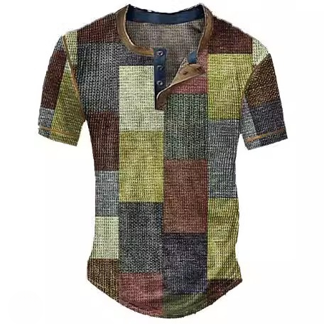 Kurzarm Herren-Henleyshirt mit Farbblock-Print & Waffelstruktur – Jugendlicher Freizeitstil (1+1 Gratis)