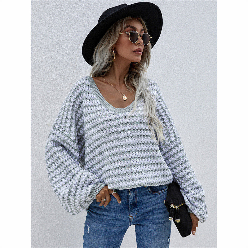 Gestreifter Pullover Pullover mit V-Ausschnitt