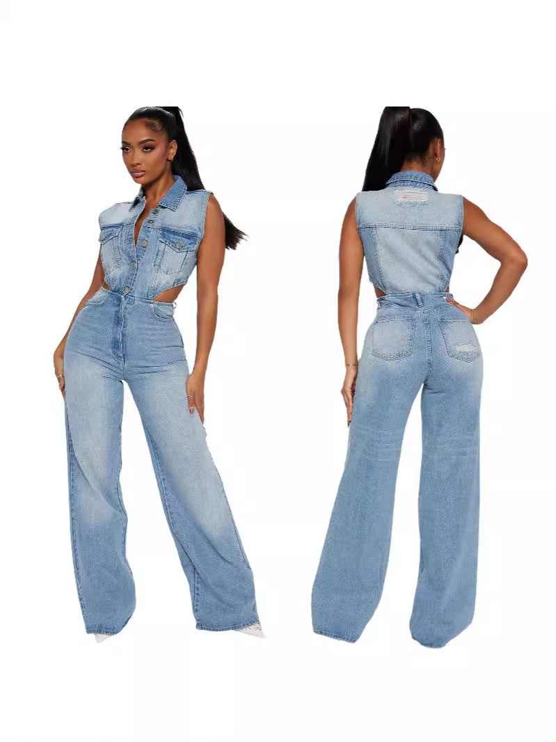 Schmaler Jumpsuit aus elastischem, gewaschenem Denim. Gerader, lockerer Jumpsuit