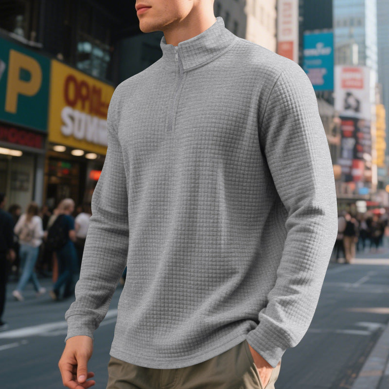 Herren Stehkragen Pullover mit Halbreißverschluss und Karomuster