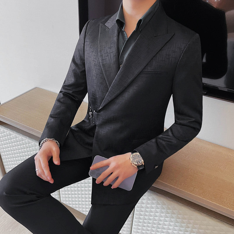 Herren Slim Fit Sakko mit Metallschnalle und Gewehrkragen – Schwarz kariert
