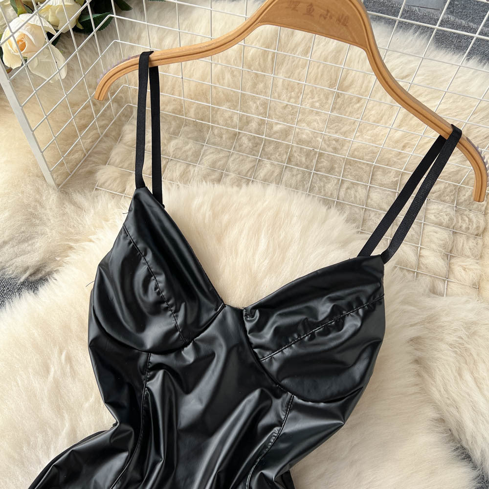 Damen-Sling-BH-Body aus PU-Leder mit V-Ausschnitt