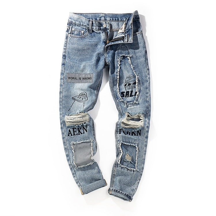 Knieloch Patch Patch Stoff Jeans Männer und Frauen Persönlichkeit Flut Marke hellblau Schlanke Füße lange Hosen
