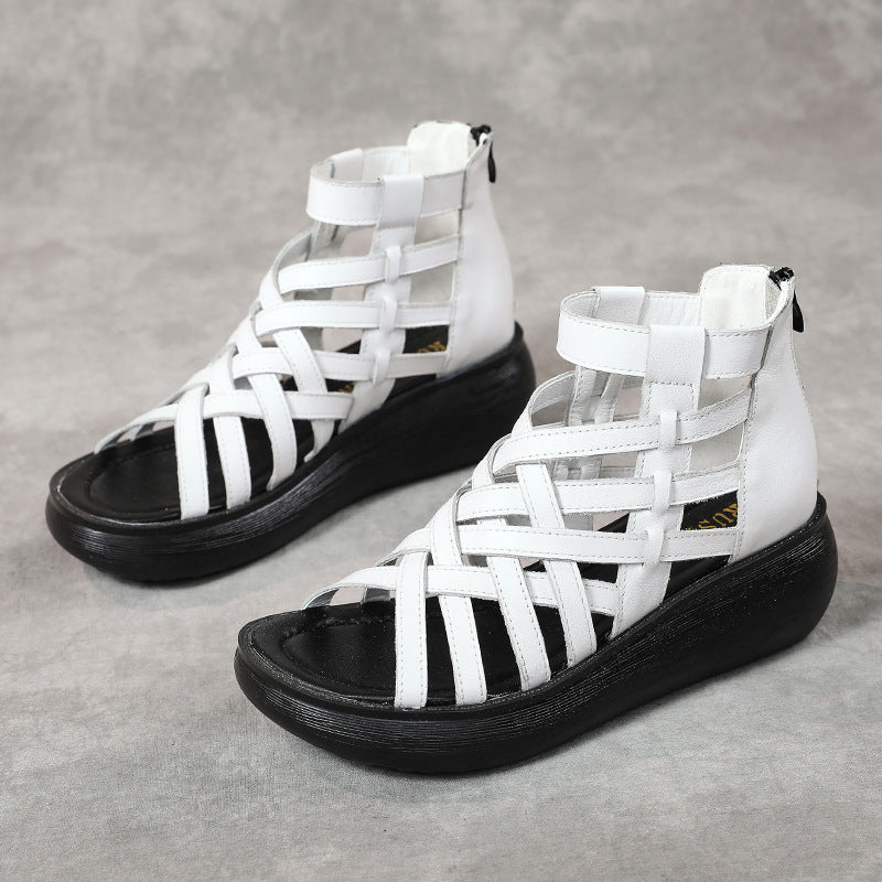 Neue Retro-Keilsandalen im ethnischen Stil für Damen, lässige Sandalen mit Tasche, Stiefel aus Rindsleder, Fischmaul-Sandalen