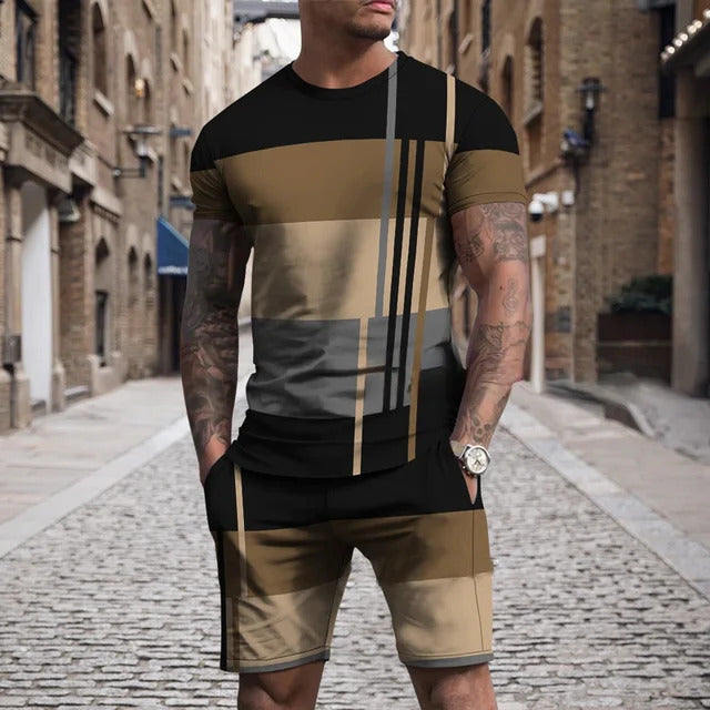 Herren Zweiteiler – Kurzarm Sport- & Freizeitanzug mit Rundhals | Multicolor 3D-Print